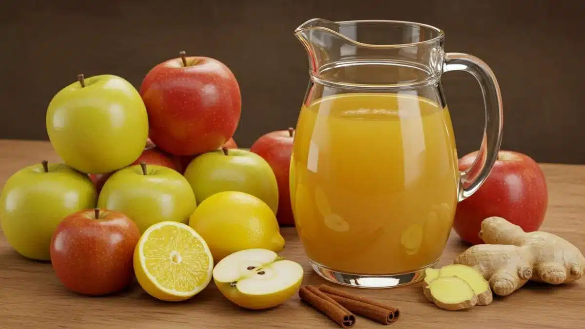 jus de pommes pressées fait maison dans une carafe posée sur une table avec des fruits autour