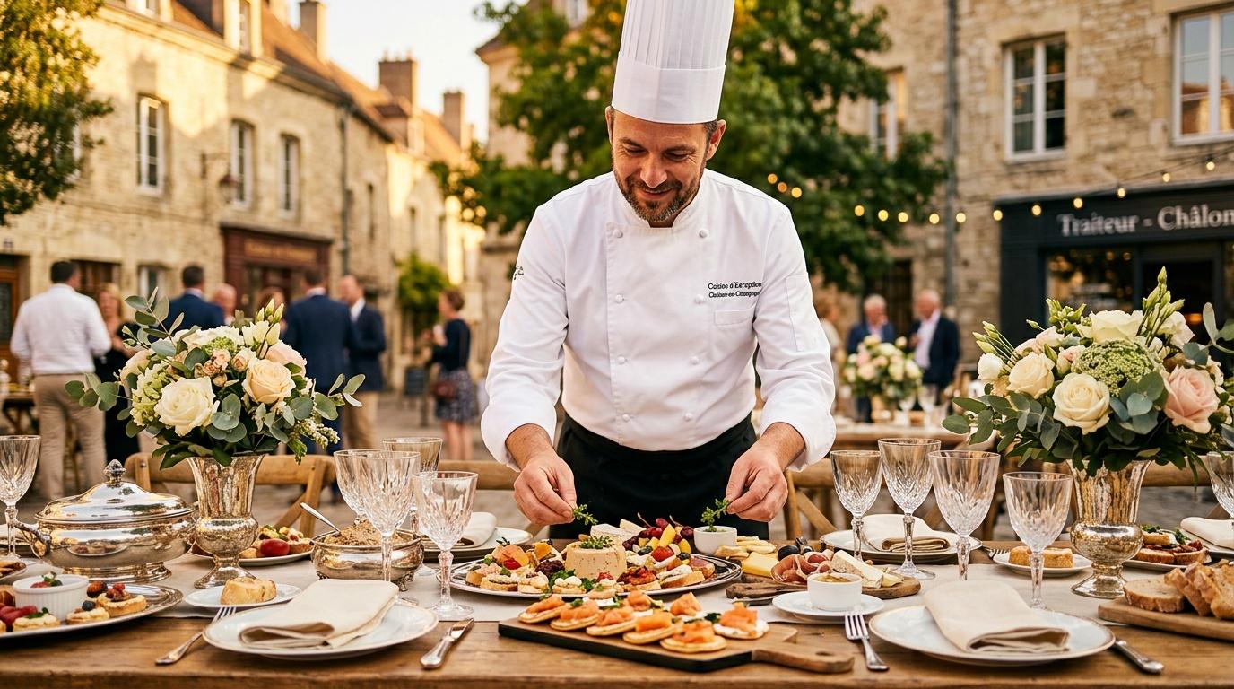 Chef en toque blanche garnit plats lors d'événement extérieur