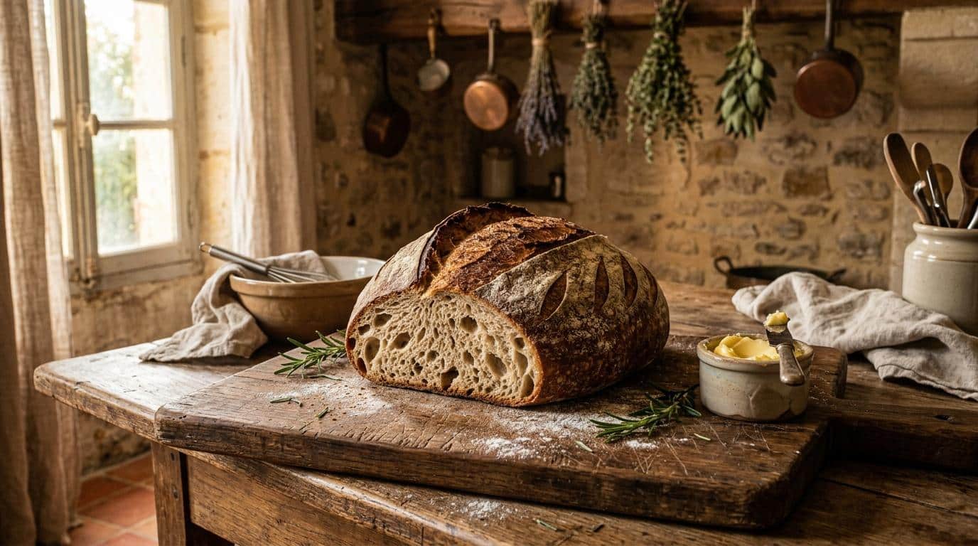 Pain tranché sur table en bois avec herbes et beurre