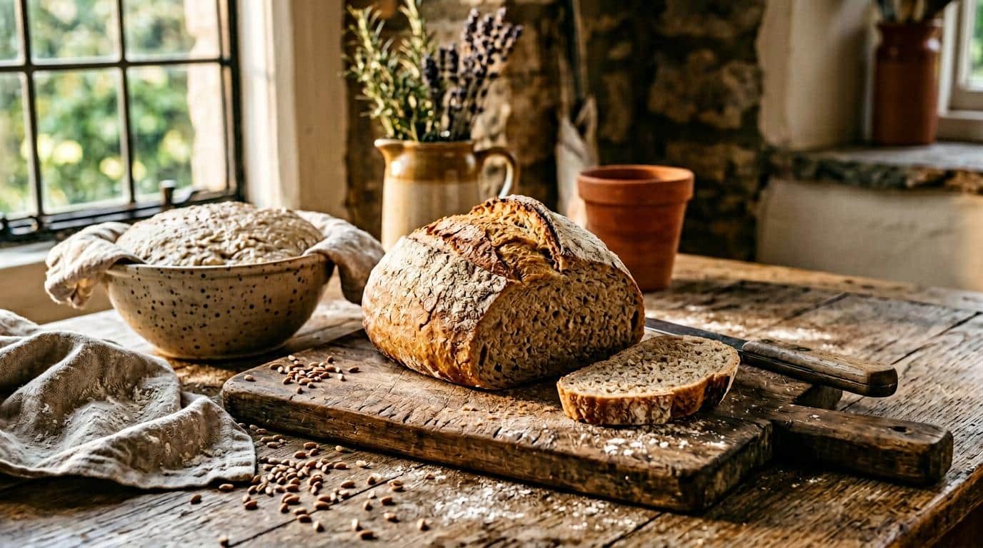 Pain complet tranché sur planche bois rustique, cuisine ensoleillée