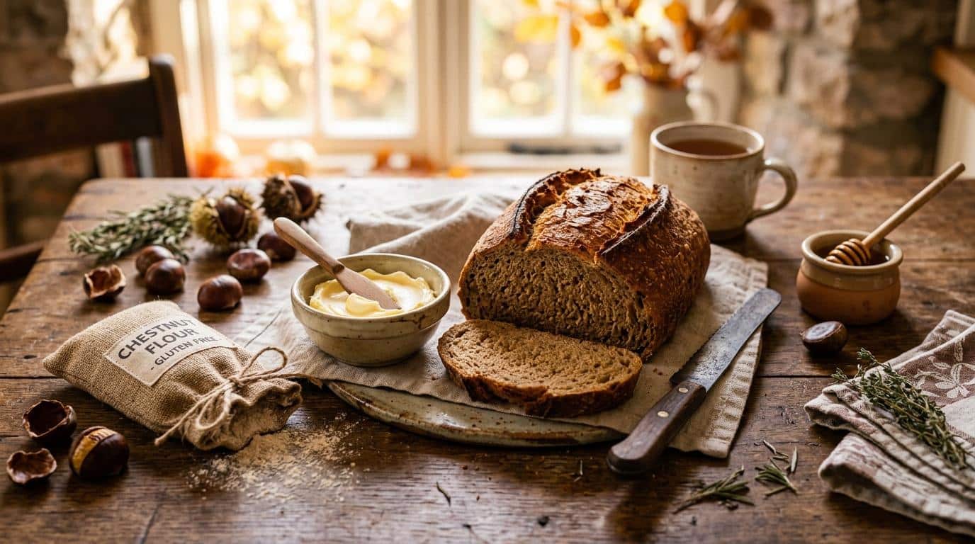 Pain complet, beurre, miel et châtaignes sur table en bois