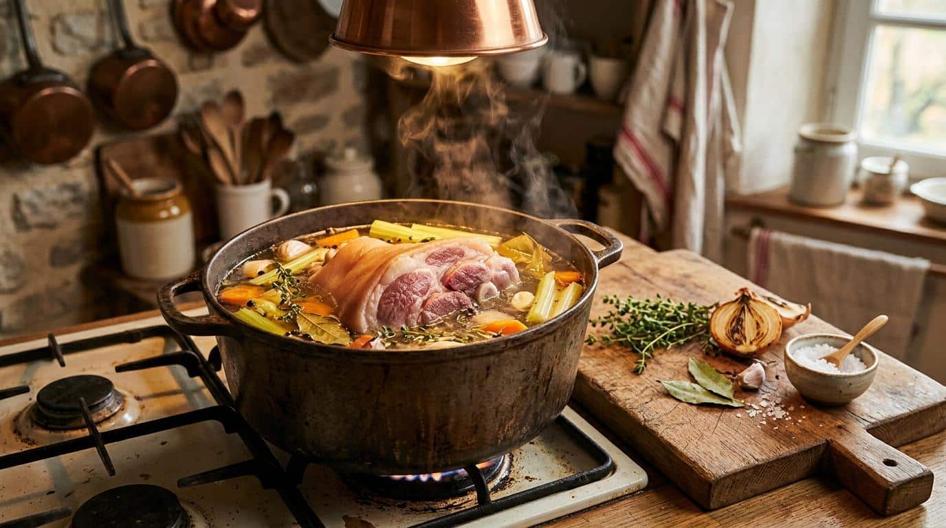 Pot mijotant sur cuisinière avec viande et légumes