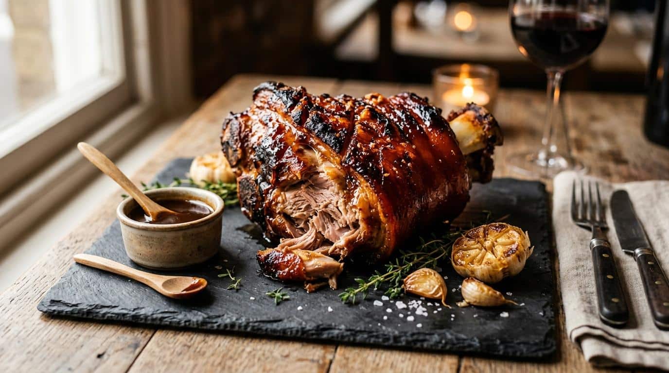 Rôti brillant avec sauce, ail rôti et verre de vin