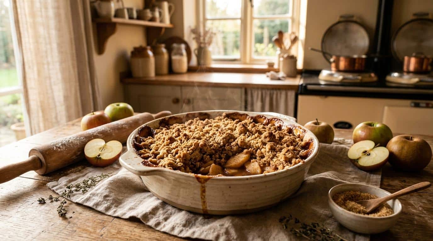 Tarte aux pommes avec crumble dans une cuisine campagnarde